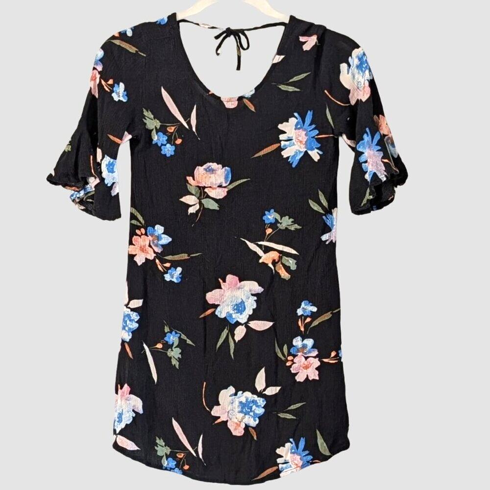 O'Neill Girls Black Floral Crinkle Dress Size M 10/12 Tie Back Boho Beach